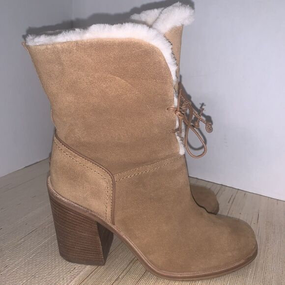 UGG Jerene Bootie Brown Suede Lace Up Block Heel Sheepskin Shearling Lined 8.5 - Picture 5 of 15